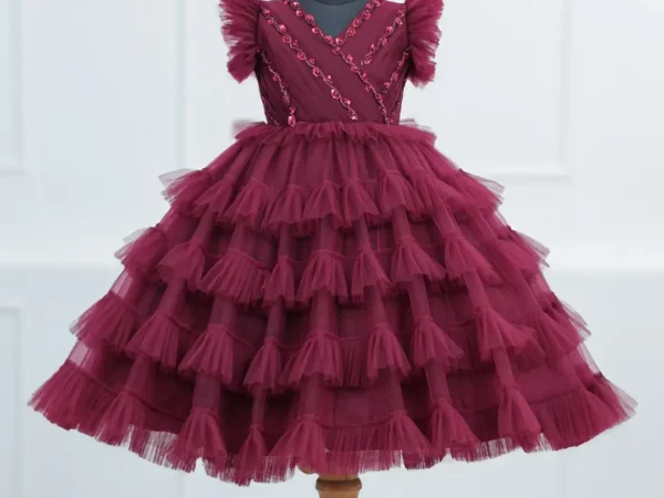Regal Ruffle Tiered Maroon Gown