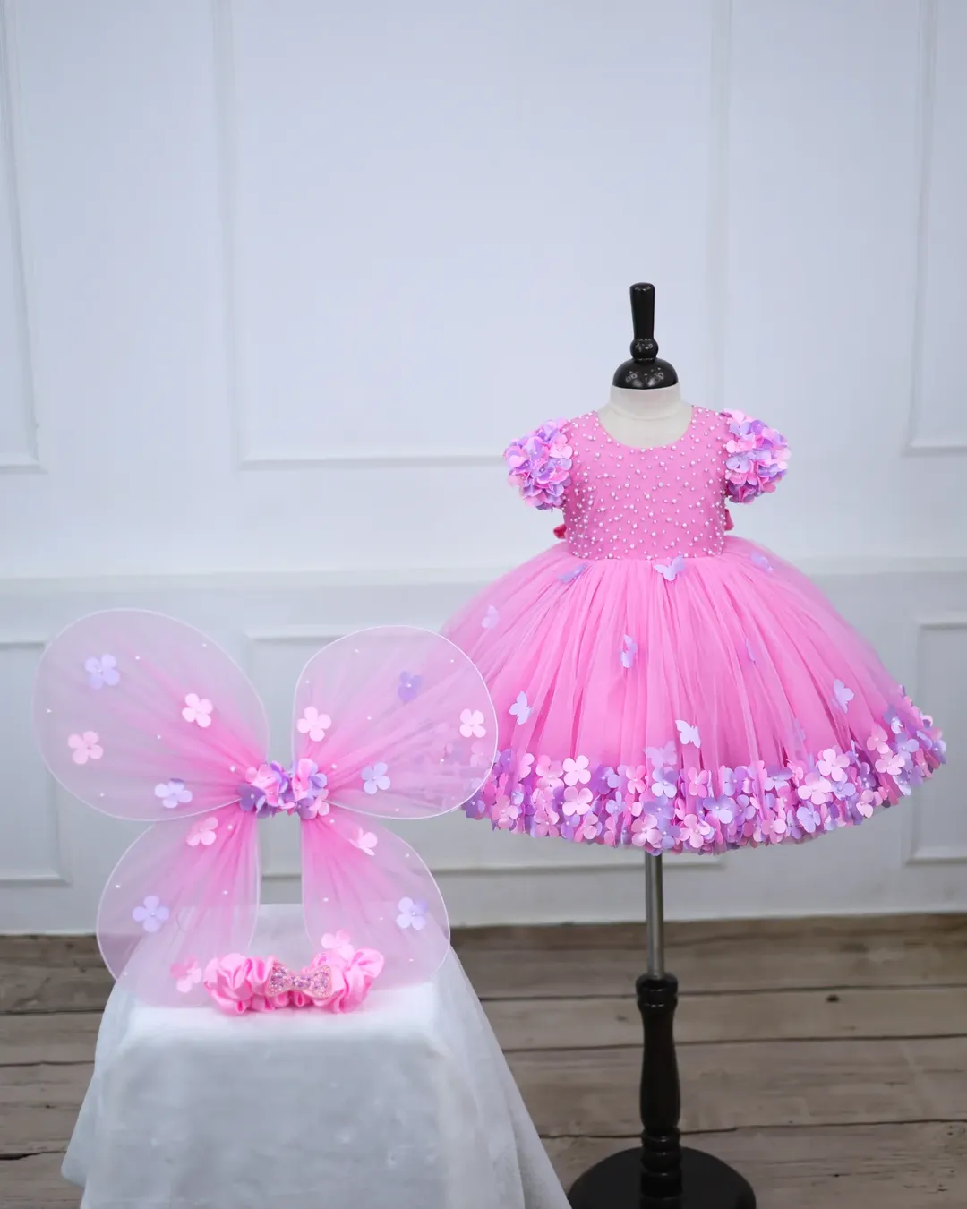 Shop Now- www.liandli.inWhatsApp - Call Us @ 9500807667 99401 23021 To know more details and ctynjtj Pink Butterfly Fairy Long Frock - Image 1